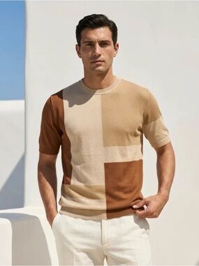 Reitmans Colorblock Short-Sleeve Knit Shirt - Beige, Brown, Cream